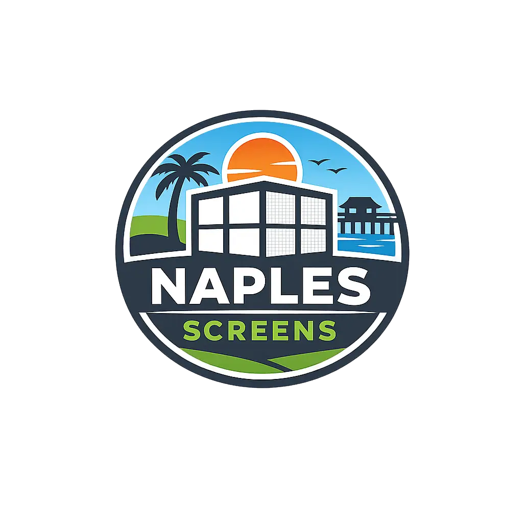 Naples Screens logo with stylized pool enclosure, palm tree, sunset, and waterfront design in circular badge